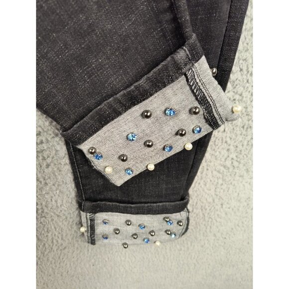 Vocal Jeans Waist 32 Tapered Distressed Jewel Bling Roll Cuff Black Denim - Picture 3 of 9